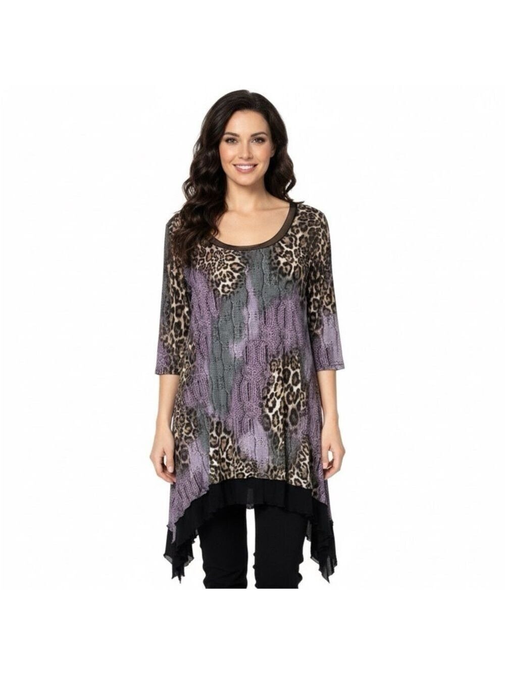 JOSEPH RIBKOFF Lightweight Tunic Top Animal Print Black Mesh Trim Sharkbite Hem